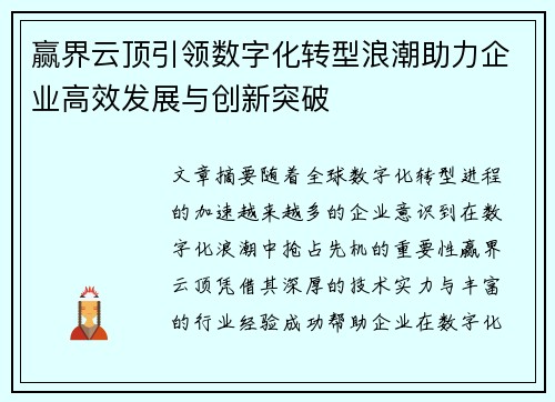 赢界云顶引领数字化转型浪潮助力企业高效发展与创新突破